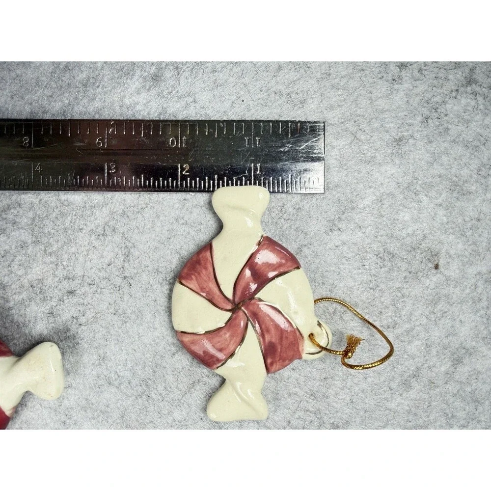 Vintage Ceramic Christmas Ornaments Set 4 Peppermint Candy Hearts Hand Painted